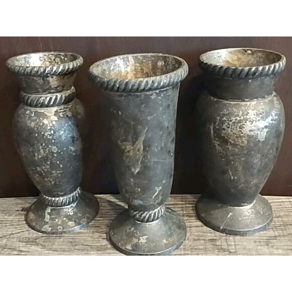 Set Of 3 Pottery Barn Silver Plated Vases Roped Trim 5" Dark Cottagecore Moody - Picture 1 of 4